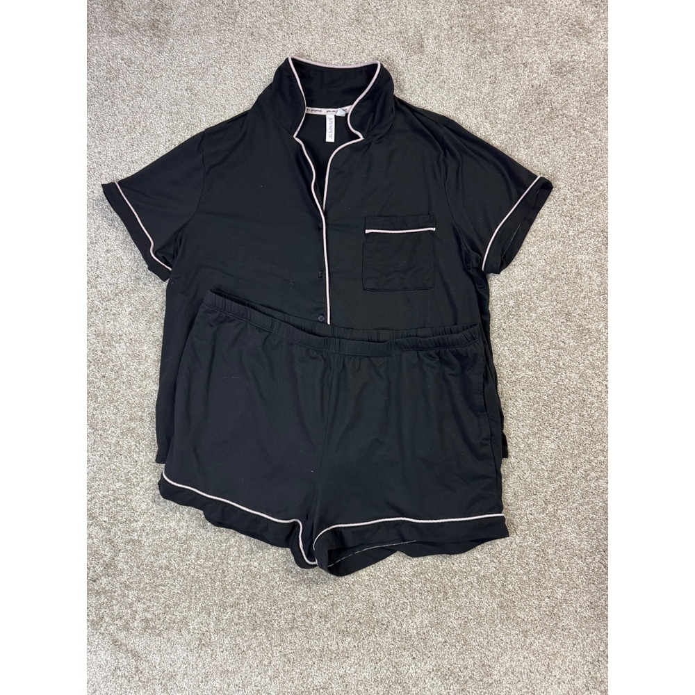 Joyspun Pajama Set Womens XL 18-18 Black Pink Piping Short Sleeve Shorts 2pc